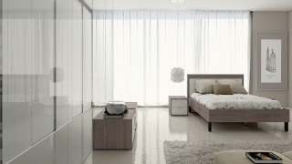 Dormitório Griss e vidro branco